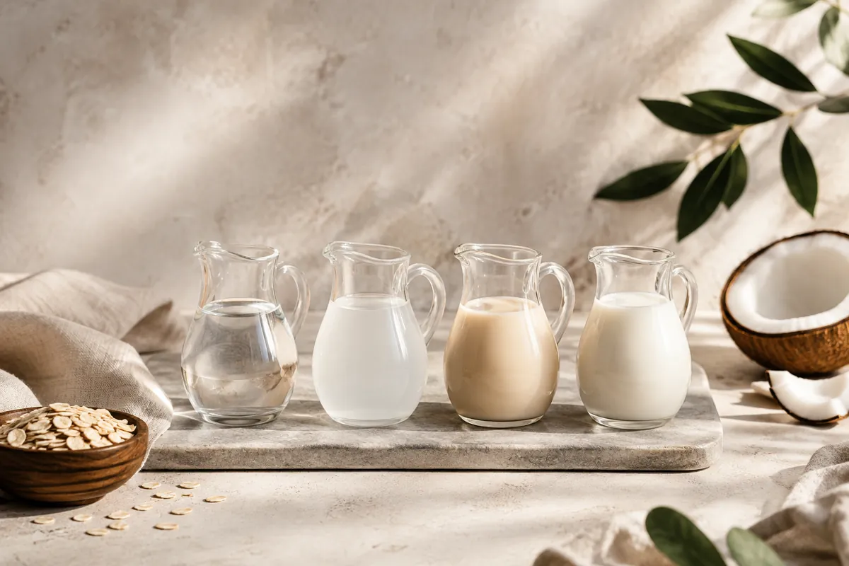 Four small glass jugs in a row holding clear water, cloudy coconut water, beige oat drink and white dairy milk