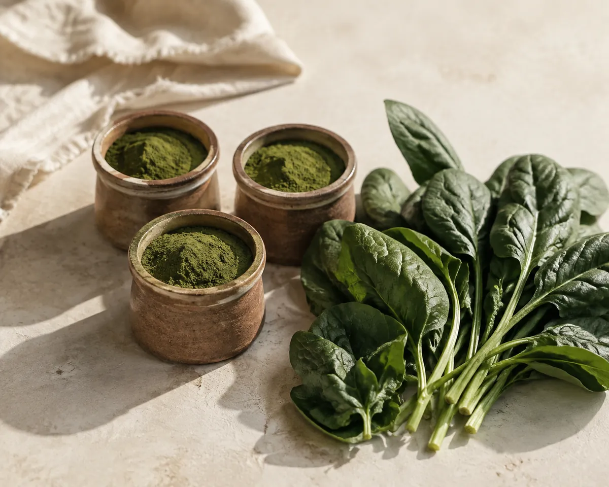 Three small tubs of green powder beside a bunch of fresh spinach on a pale surface