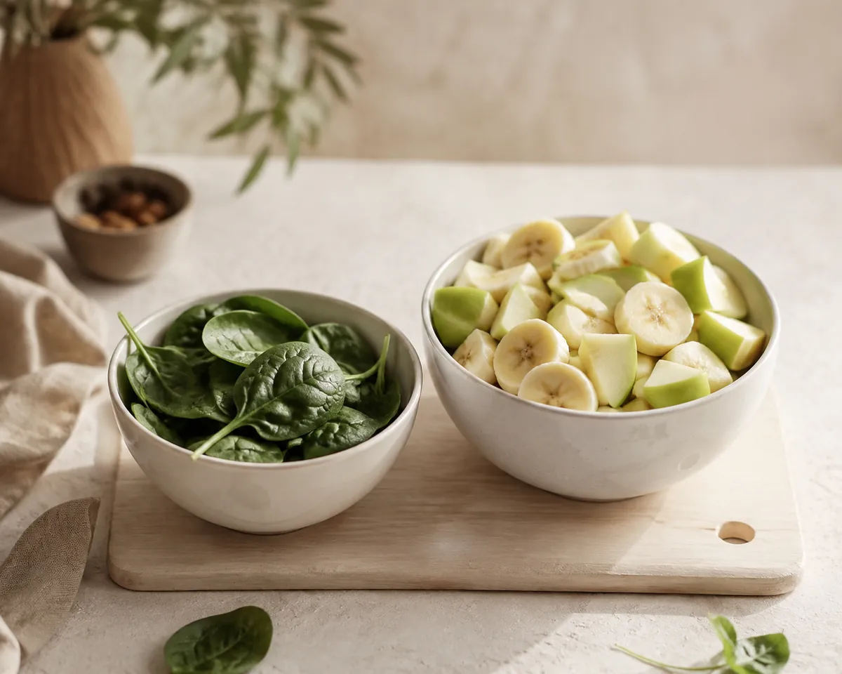 Two bowls side by side, a smaller one of loose spinach leaves and a fuller one of sliced banana and green apple pieces