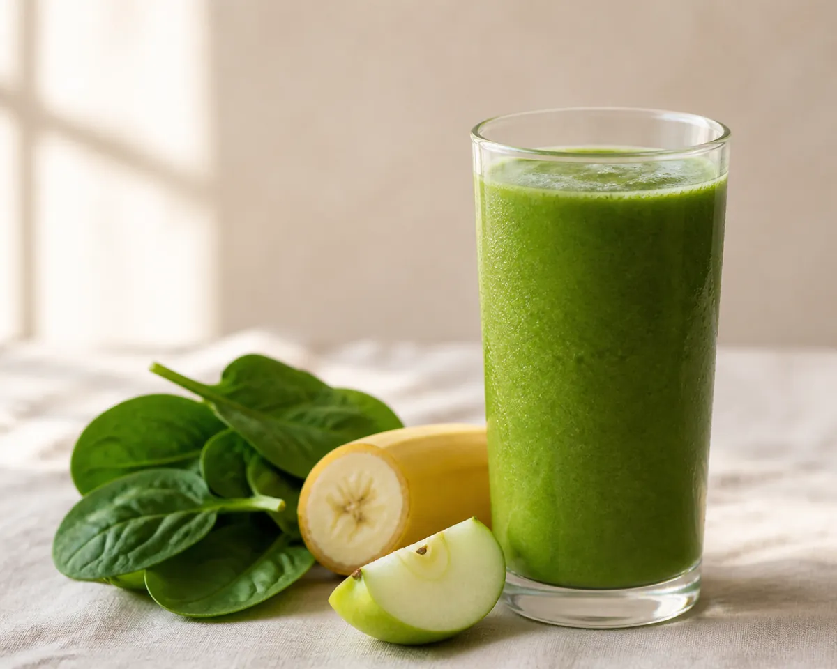 A tall glass of bright green smoothie beside spinach leaves and a halved banana