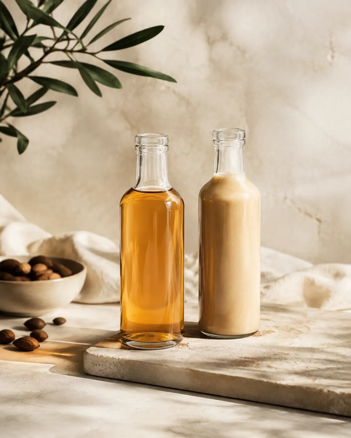 Two plain unlabelled bottles on a chiller shelf, one holding a clear amber liquid and one a thick opaque drink, all packaging blank
