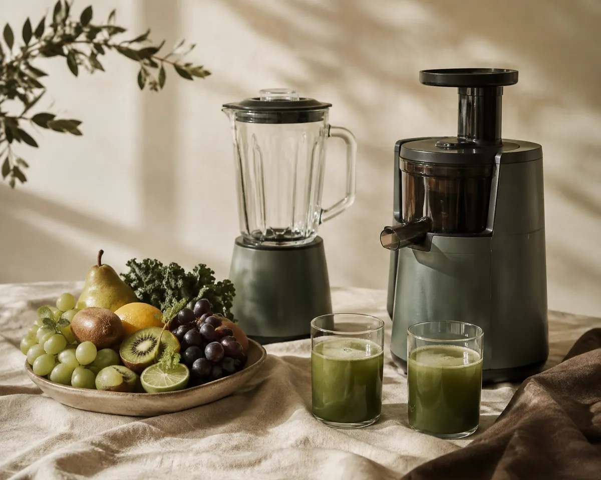 A blender jug, an unbranded juicer, a bowl of mixed fruit and two filled glasses arranged together on a warm linen cloth