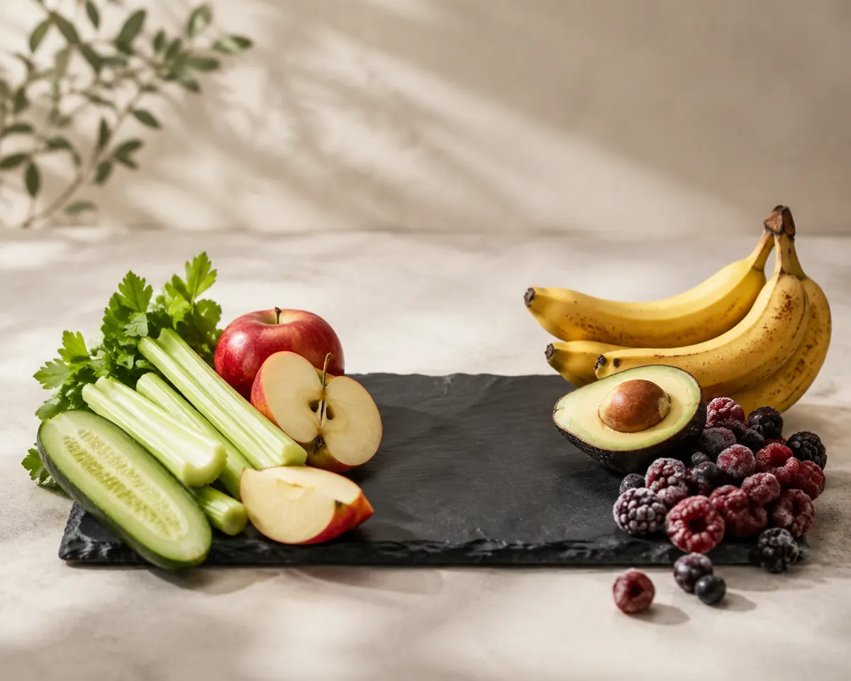 Halved cucumber, celery sticks and apples arranged on the left of a slate slab, bananas, avocado and frozen berries on the right