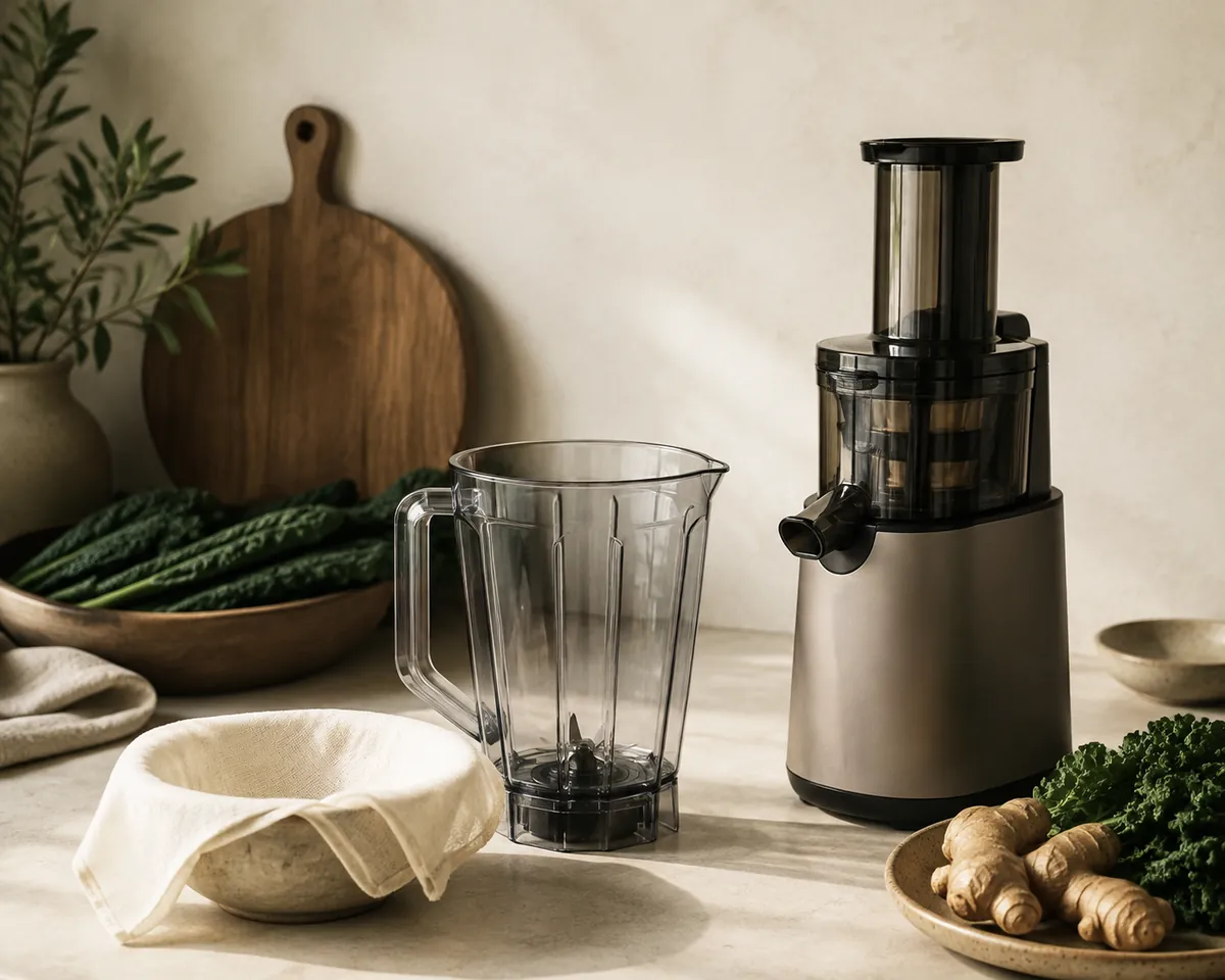 A plain blender jug with a square of muslin over a bowl beside an unbranded auger juicer on a kitchen counter