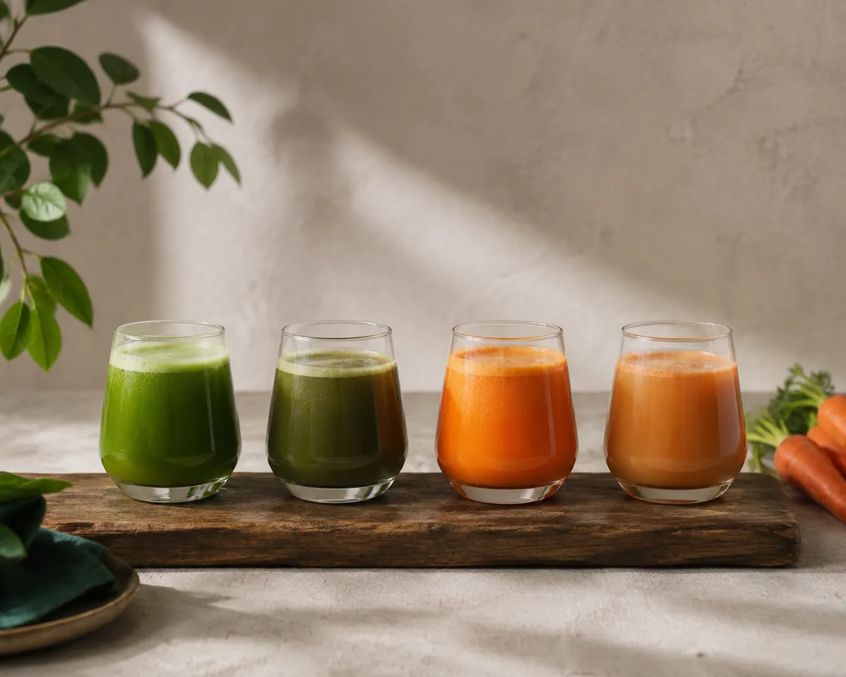 Two pairs of glasses on a bench, each pair showing a bright drink beside a dulled one of the same kind