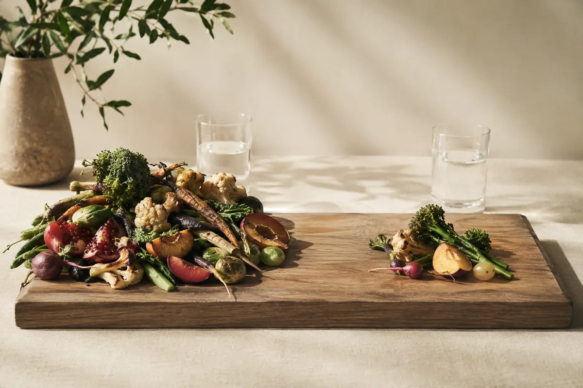 A large heap of loose vegetables and fruit on one side of a wooden board and a much smaller heap on the other, a plain glass standing behind each
