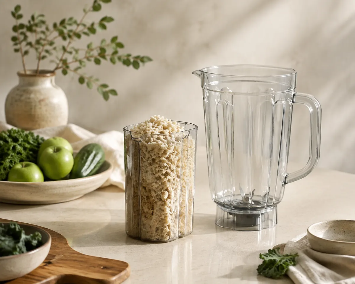 A juicer pulp container full of dry pale shredded fibre standing beside an empty rinsed blender jug on a stainless bench