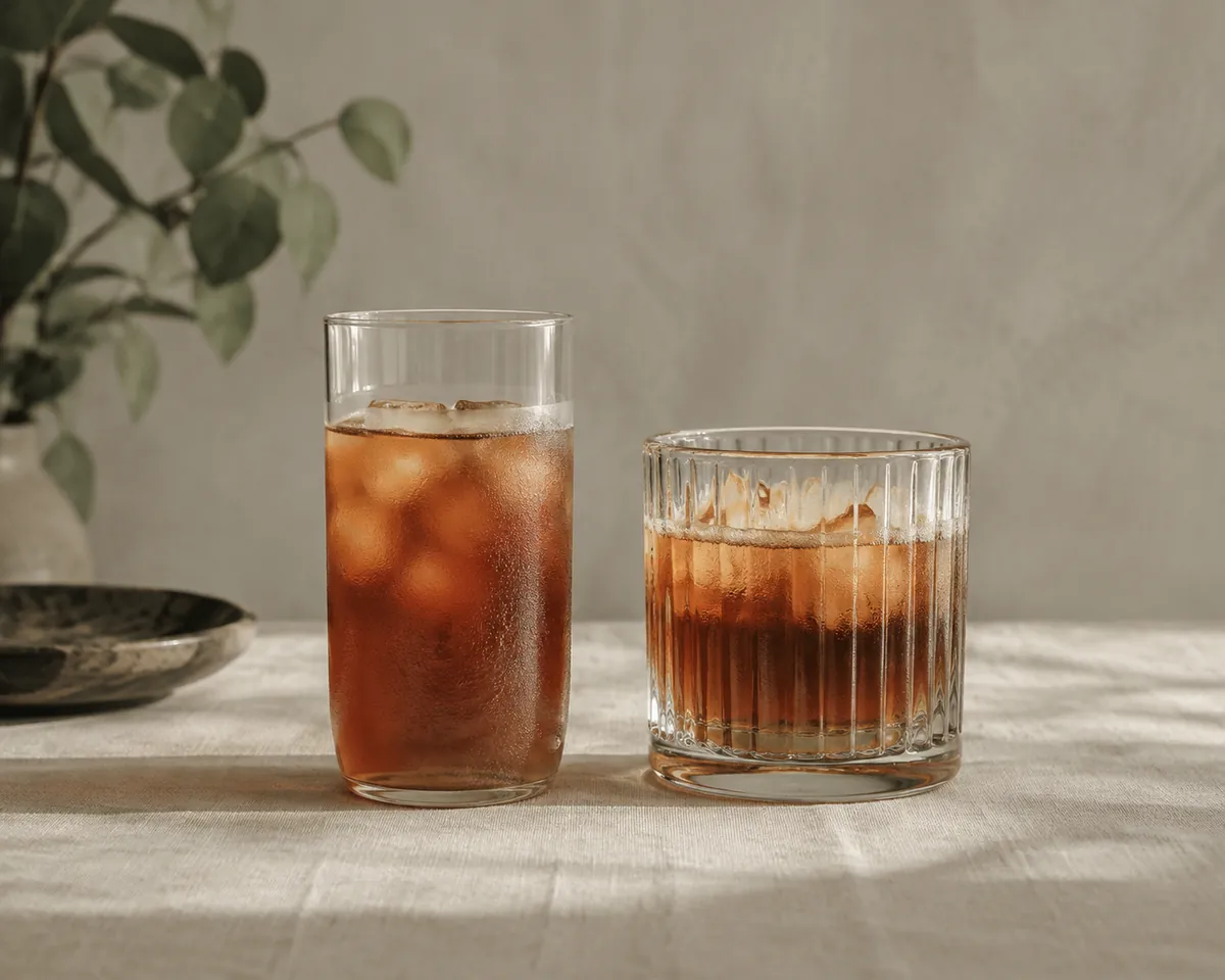 Two glasses of drink photographed straight on against a neutral grey background, matched in size and fill level, one thin and one thick