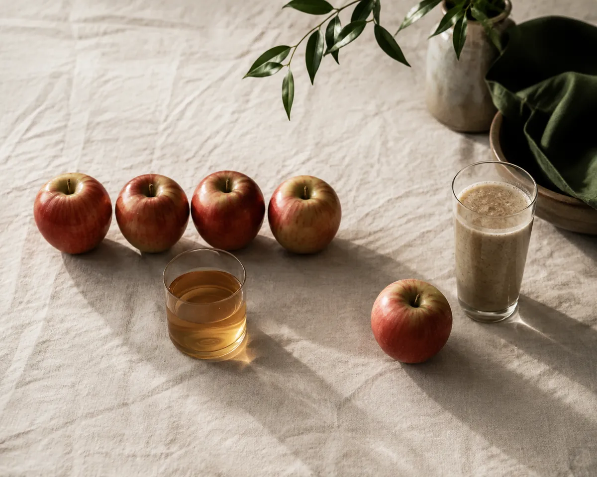 Four apples lined up beside a small glass of juice and one apple beside a taller glass of thick blended drink on a linen cloth