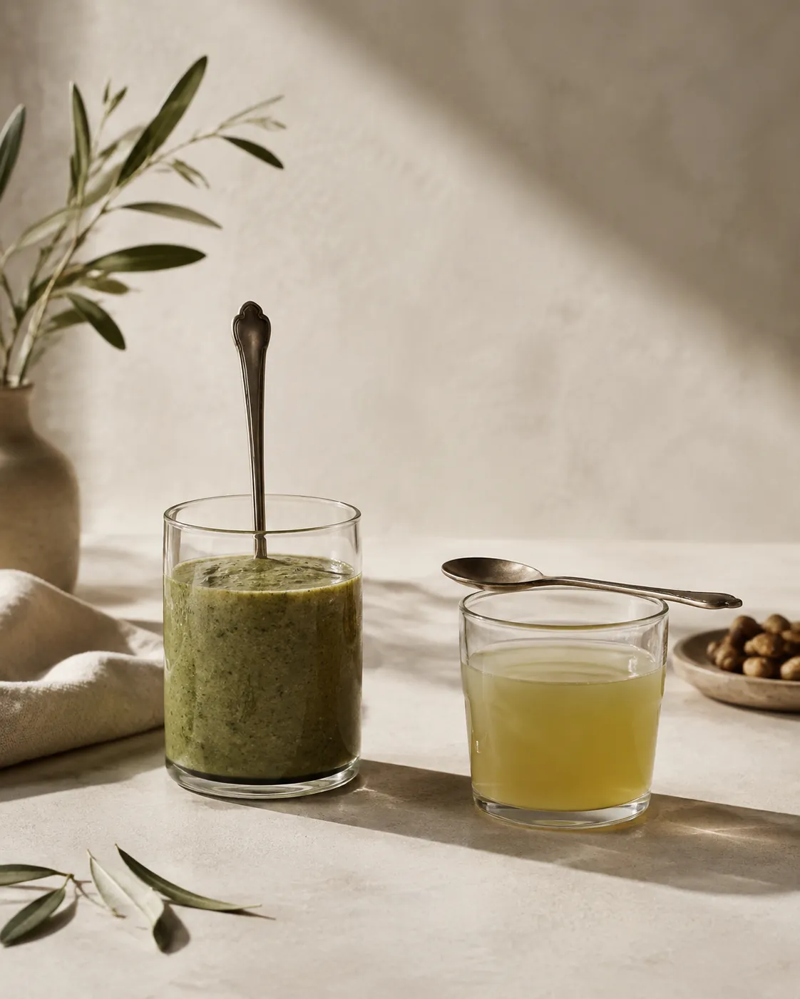 A spoon standing upright in a thick blended drink beside a glass of thin juice with a spoon lying flat against its rim