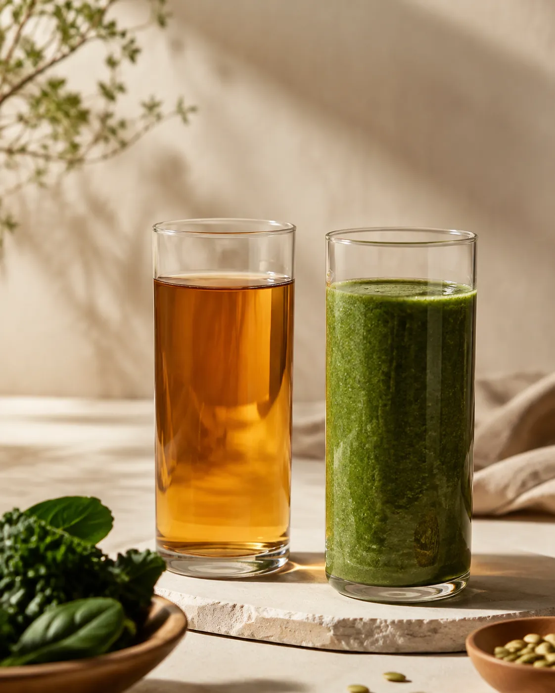A tall glass of clear amber juice and a tall glass of thick green blended drink standing side by side on a pale bench