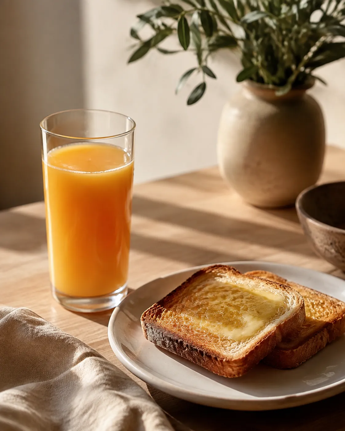 A tall glass of orange juice on a wooden breakfast table beside a plate of buttered toast in morning light