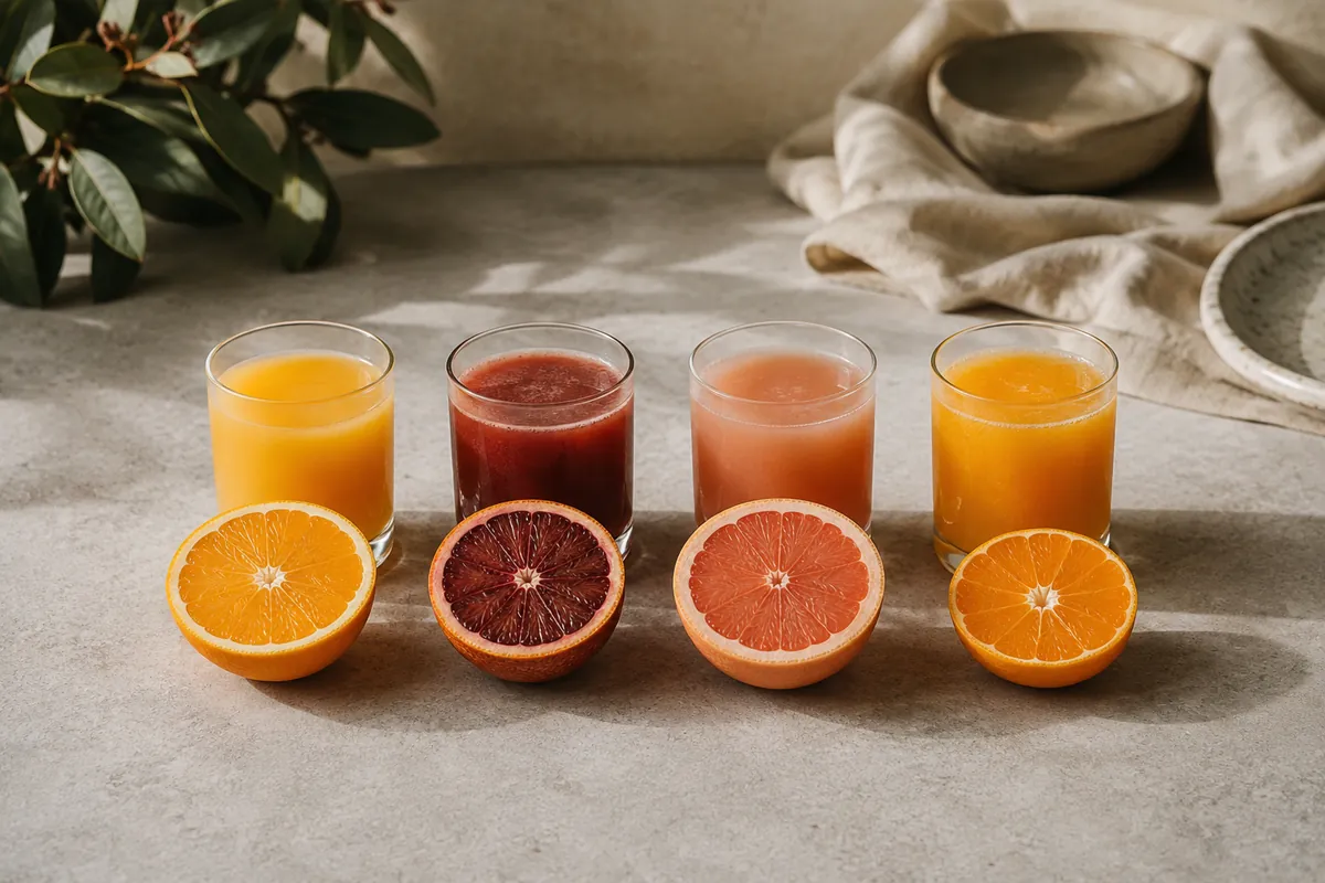 Four small glasses in a row holding orange, deep red blood orange, pale pink grapefruit and light mandarin juice, each with a halved fruit beside it