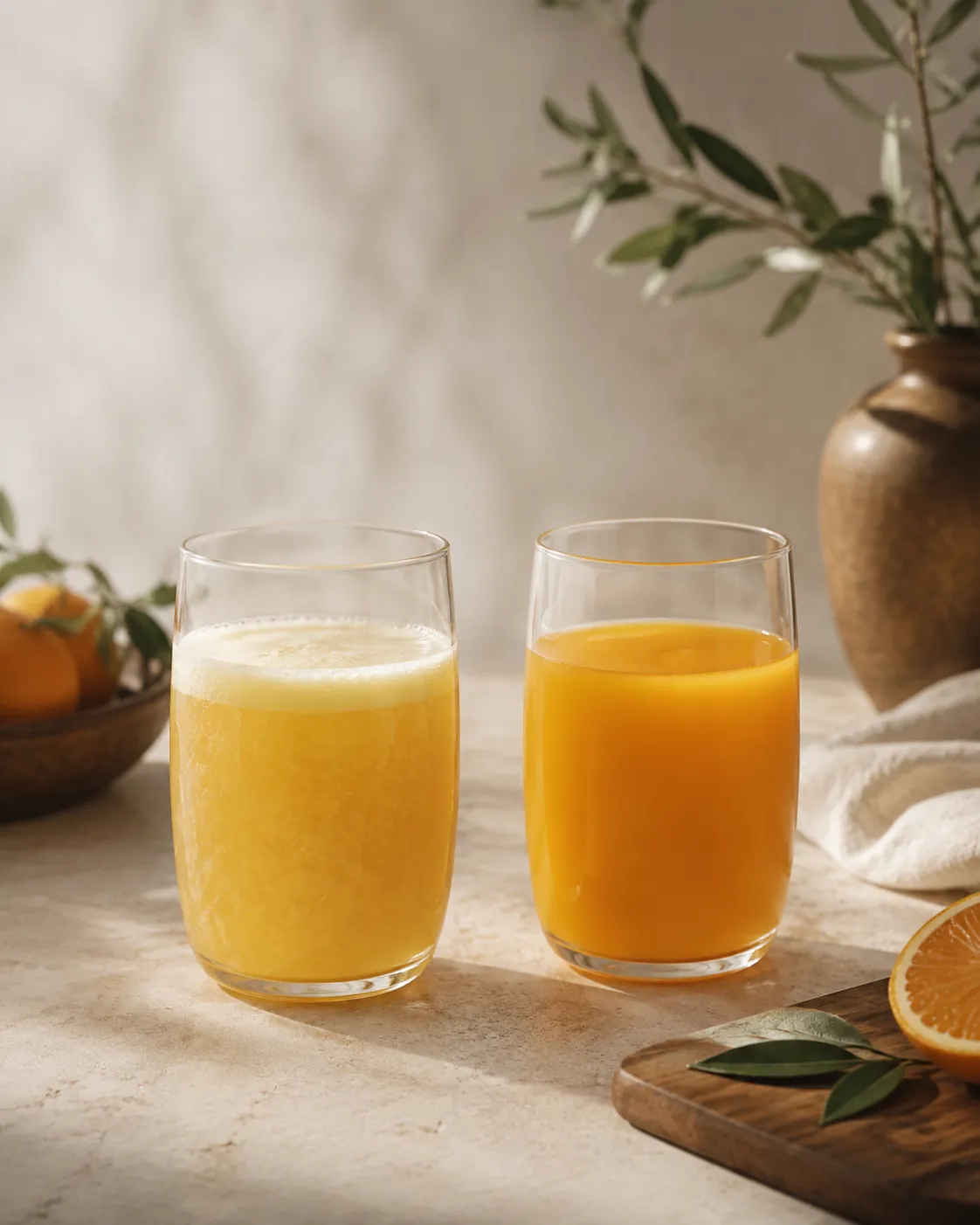 Two glasses side by side, the left pale and foamy with pulp from freshly squeezed fruit, the right a darker even orange poured from a carton