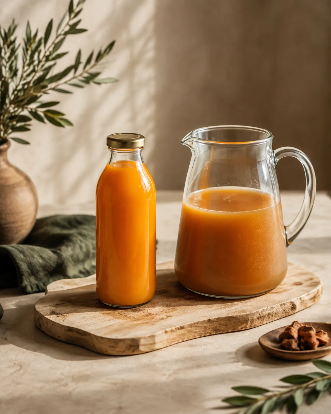 A sealed glass bottle of bright orange juice beside a wide open jug of the same juice whose surface has gone dull and brownish