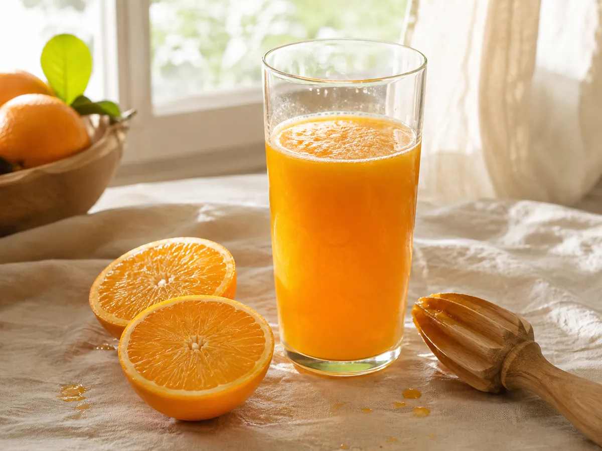A glass of orange juice beside halved oranges on a pale stone surface