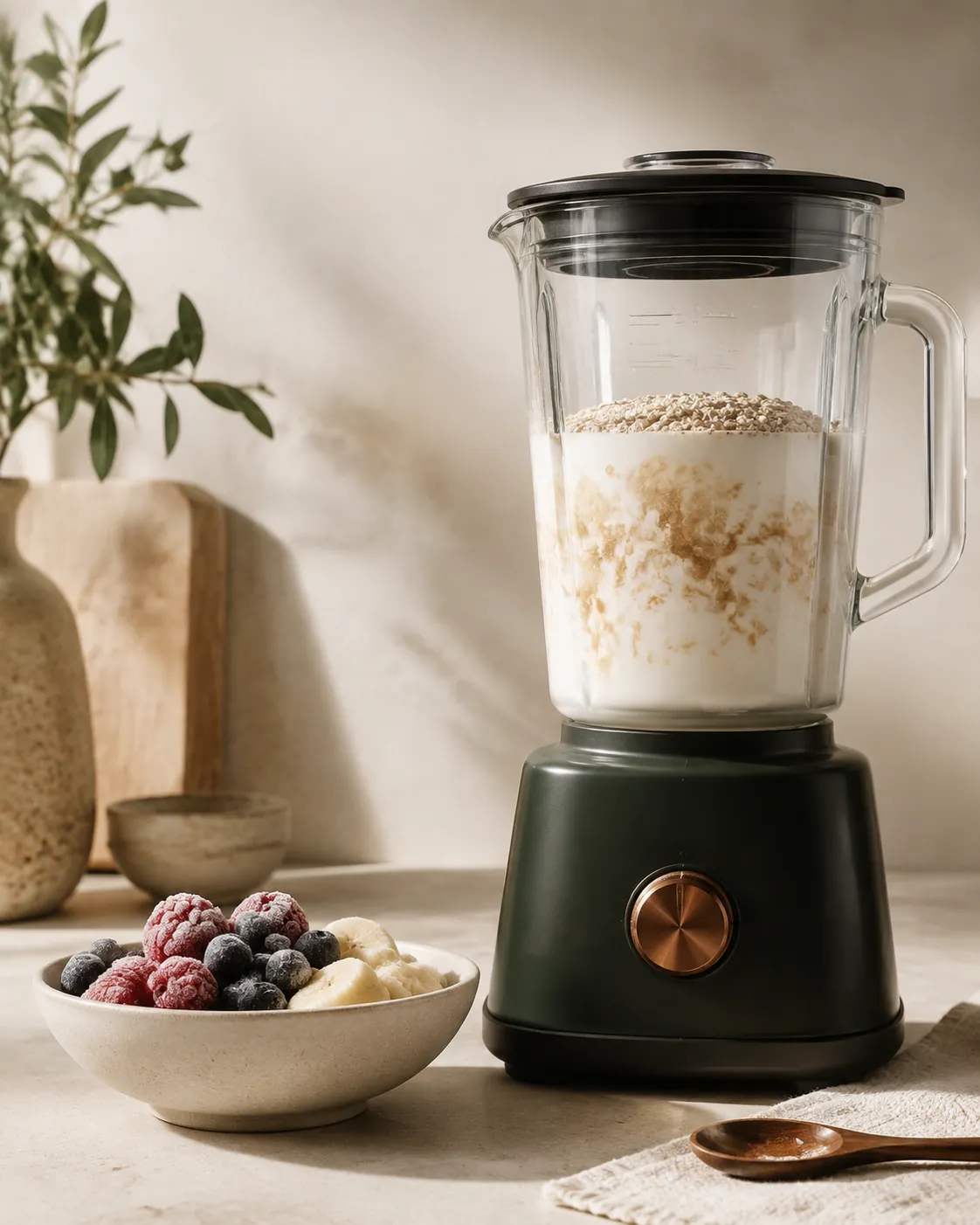 A blender jar holding milk with pale powder dispersing through it, frozen fruit waiting in a bowl beside the machine