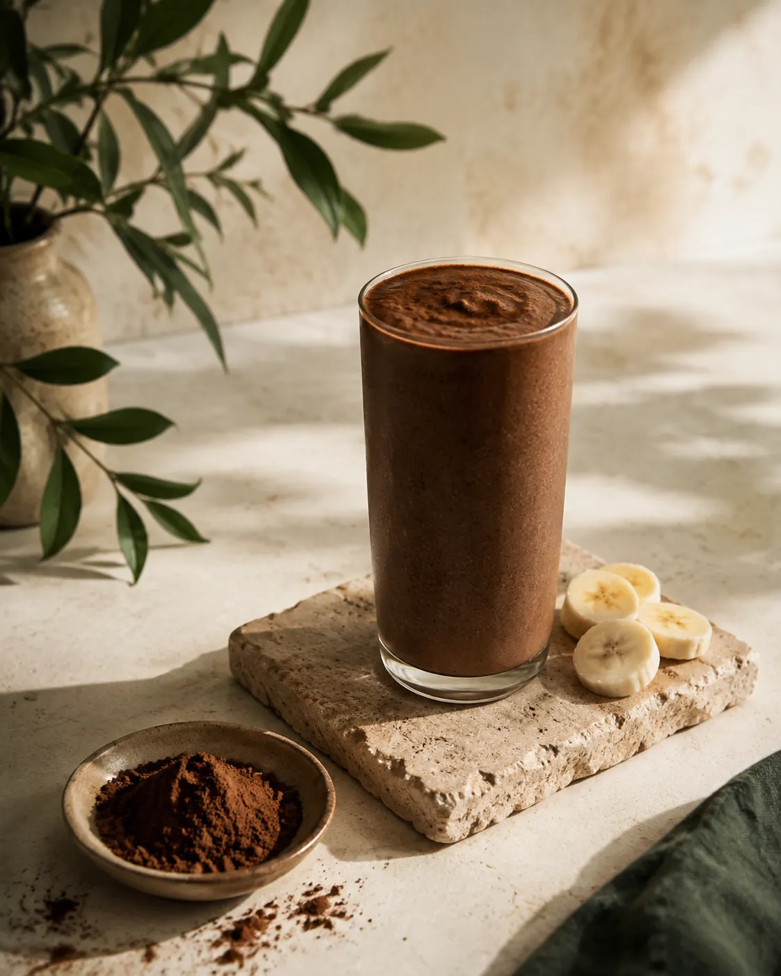 A tall glass of thick chocolate-coloured smoothie beside a small dish of cocoa powder and a sliced banana