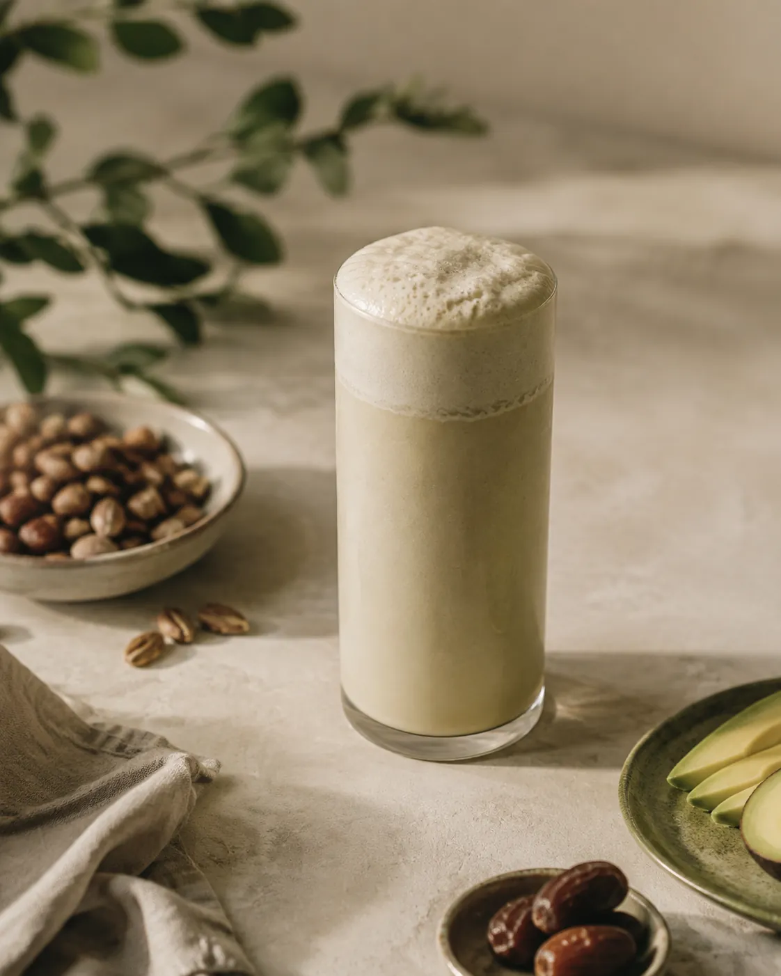A tall glass of pale smoothie under a thick collar of foam, with a faint tidemark left on the glass above the liquid