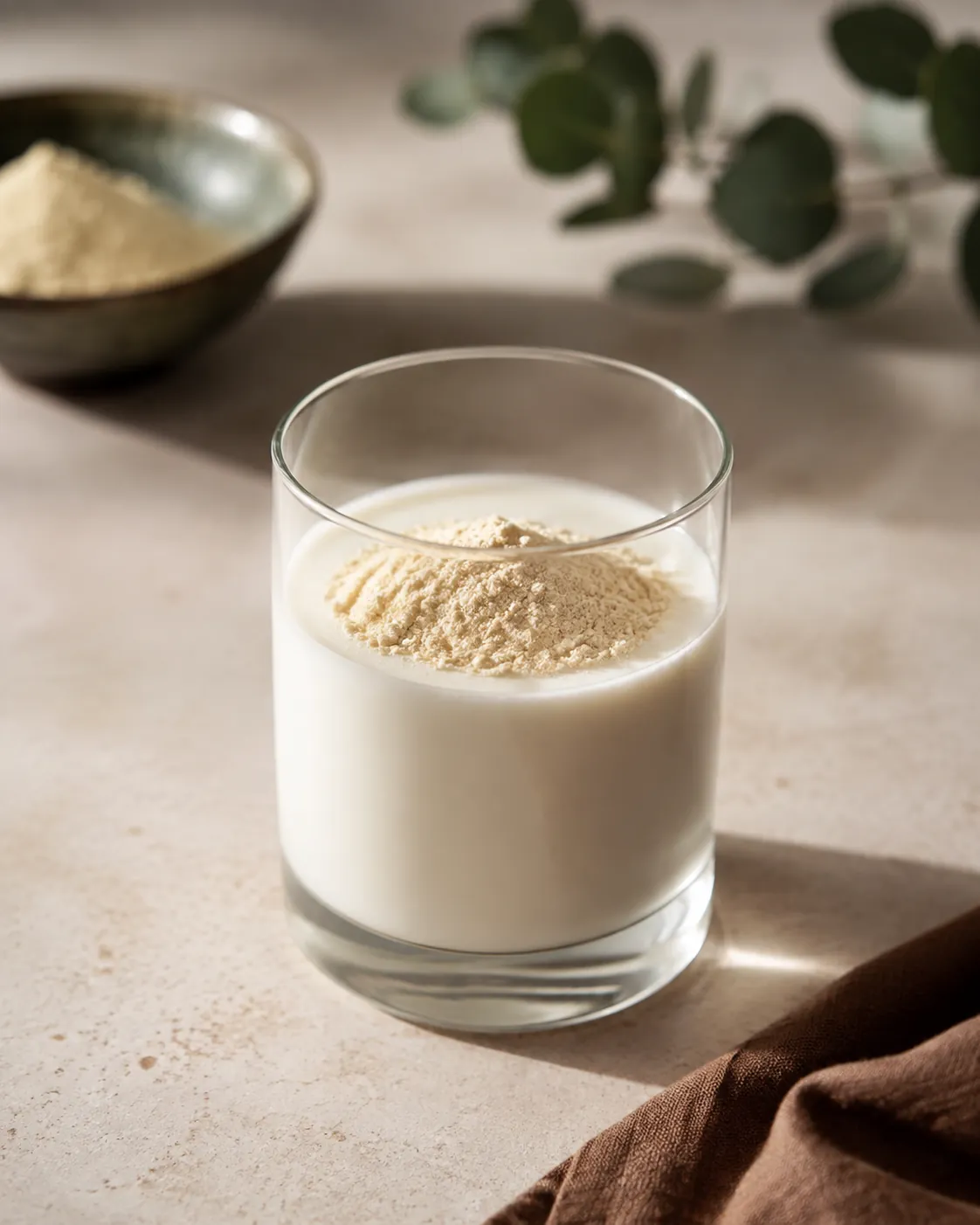 A spoonful of pale powder sitting as a dry raft on the surface of milk in a glass, not yet wetted through