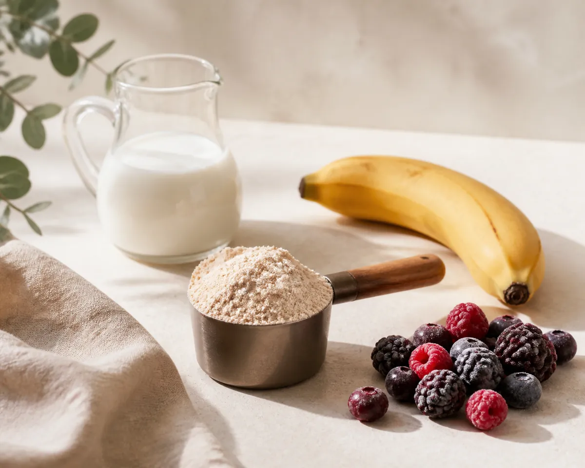 A scoop of pale powder beside frozen berries, a banana and a jug of milk on a pale stone surface