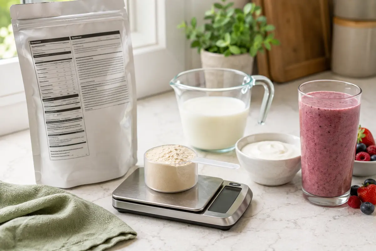 An unbranded protein powder pouch, level scoop on a scale, measured milk, yogurt, and finished berry smoothie arranged for a label check