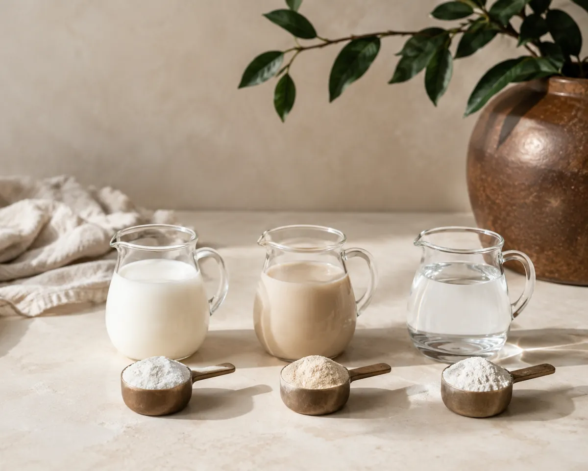Three jugs holding dairy milk, a pale plant drink and plain water, each with an identical levelled scoop of powder beside it