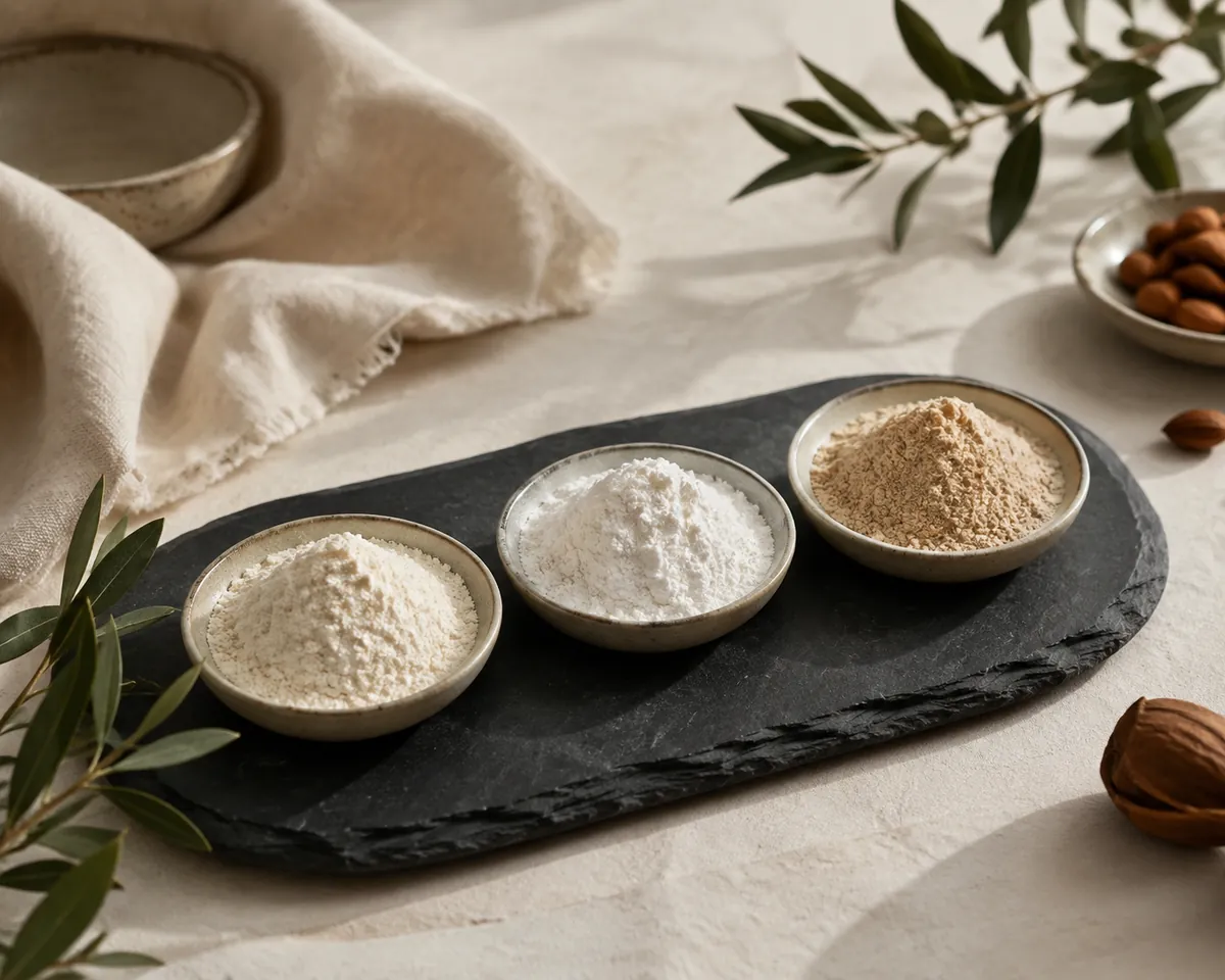 Three small dishes of protein powder on dark slate, one cream coloured, one bright white and one pale beige