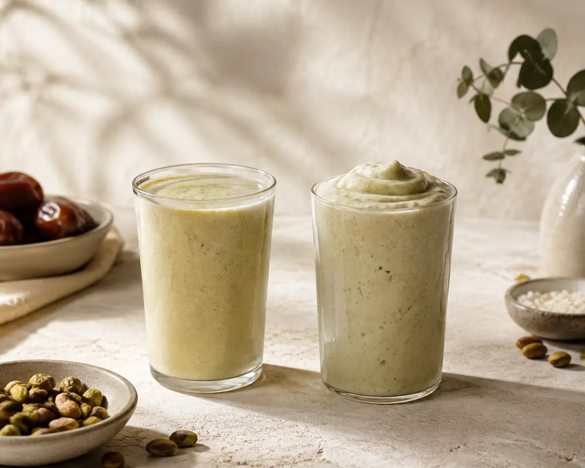 Two glasses of the same pale smoothie side by side, the left freshly poured and pourable and the right thicker and holding its shape