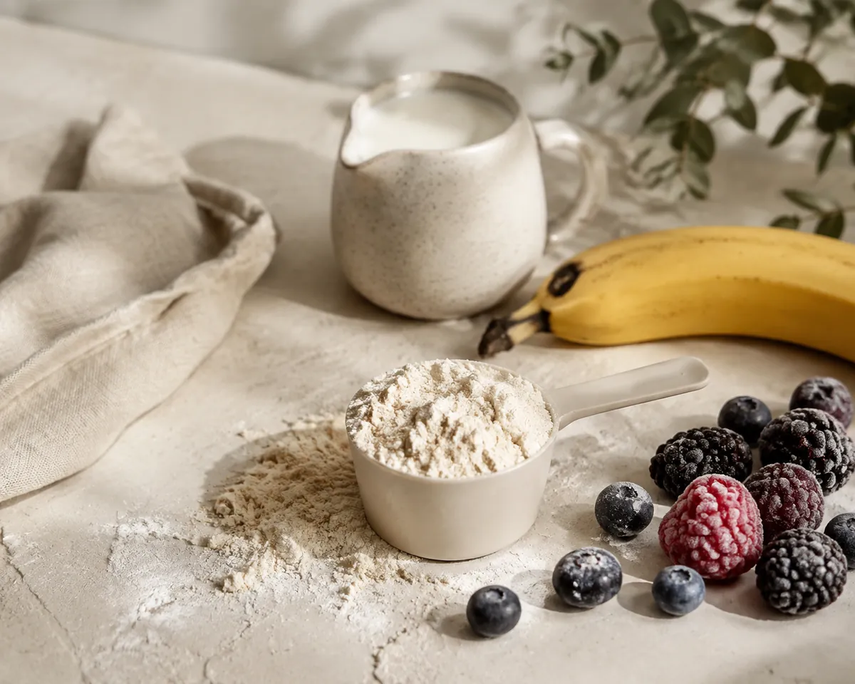 A scoop of pale protein powder beside frozen berries, a banana and a jug of milk on pale stone