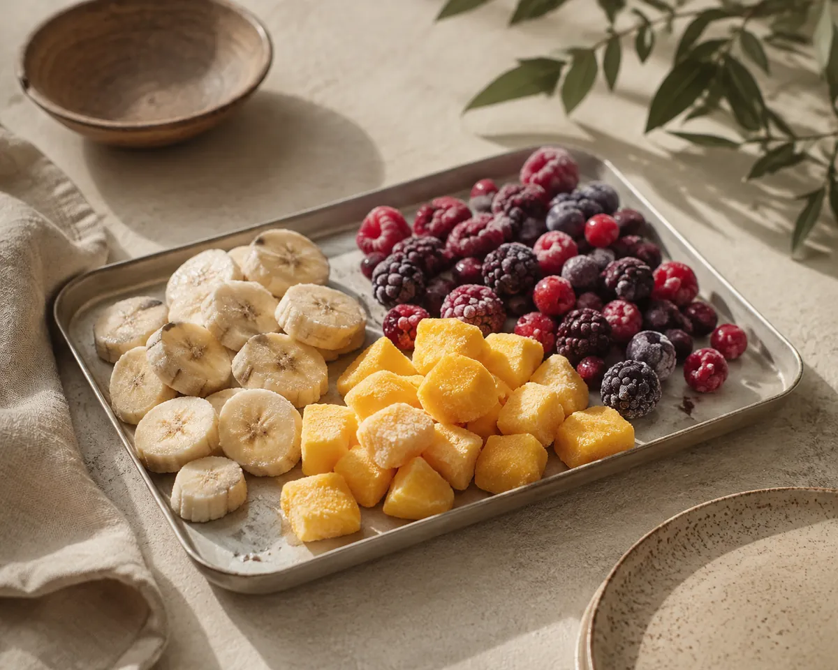 Frozen banana slices, mango chunks and berries laid out separately on a chilled tray