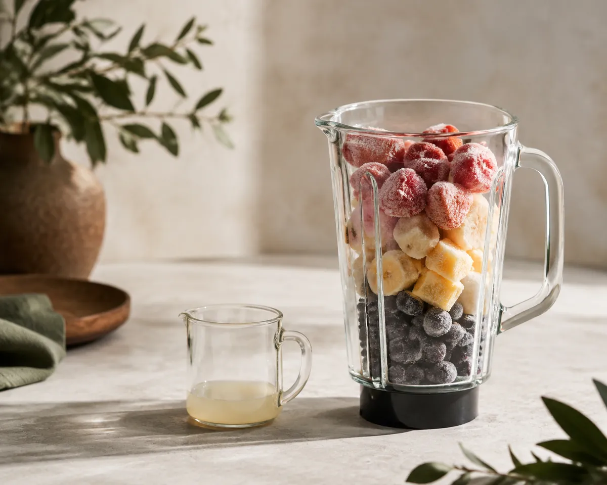 A small measuring jug of pale liquid beside a blender jar packed tight with frozen fruit, the jug plainly the smaller volume