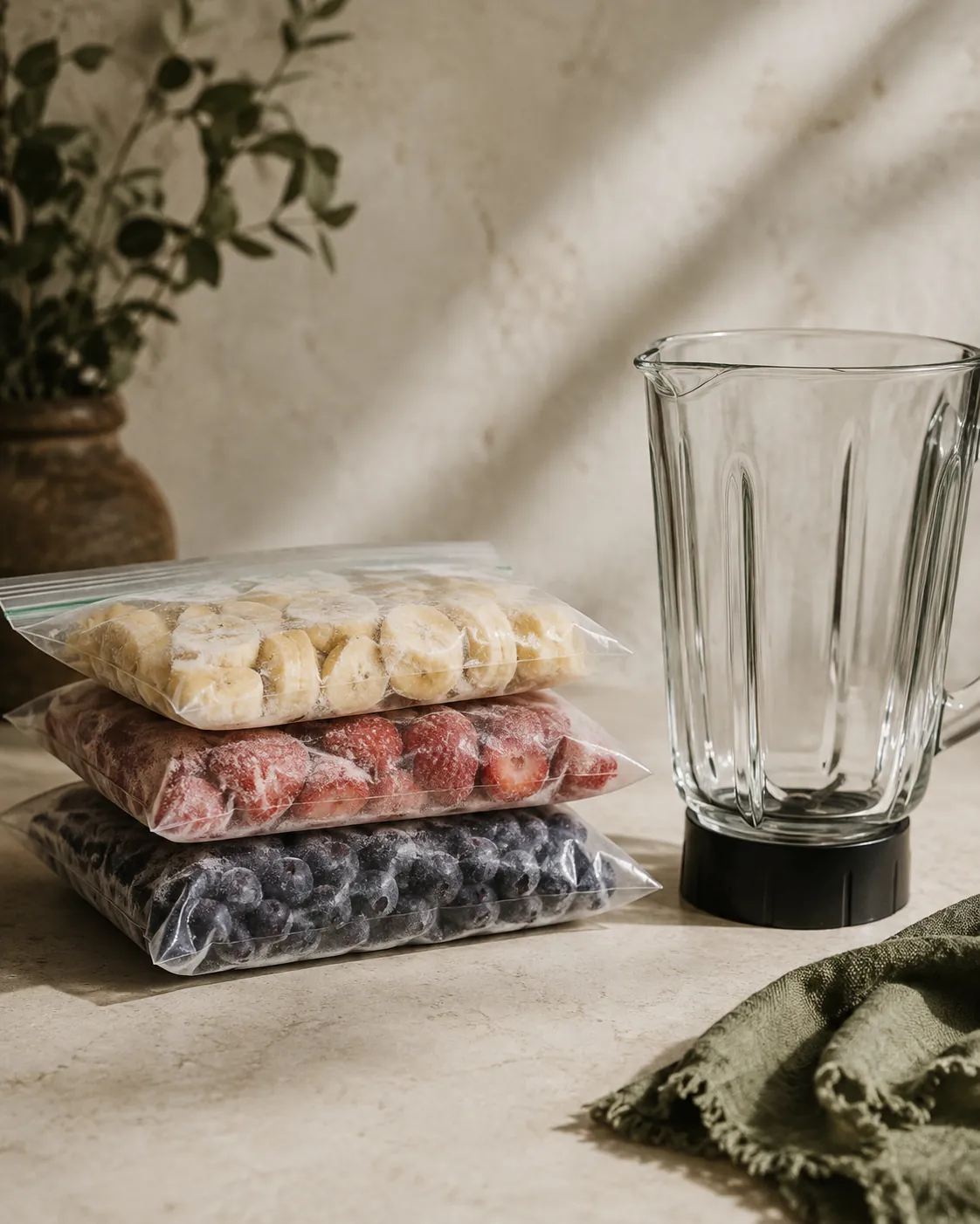 Three sealed freezer bags of portioned frozen fruit stacked on a freezer shelf beside an empty blender jar