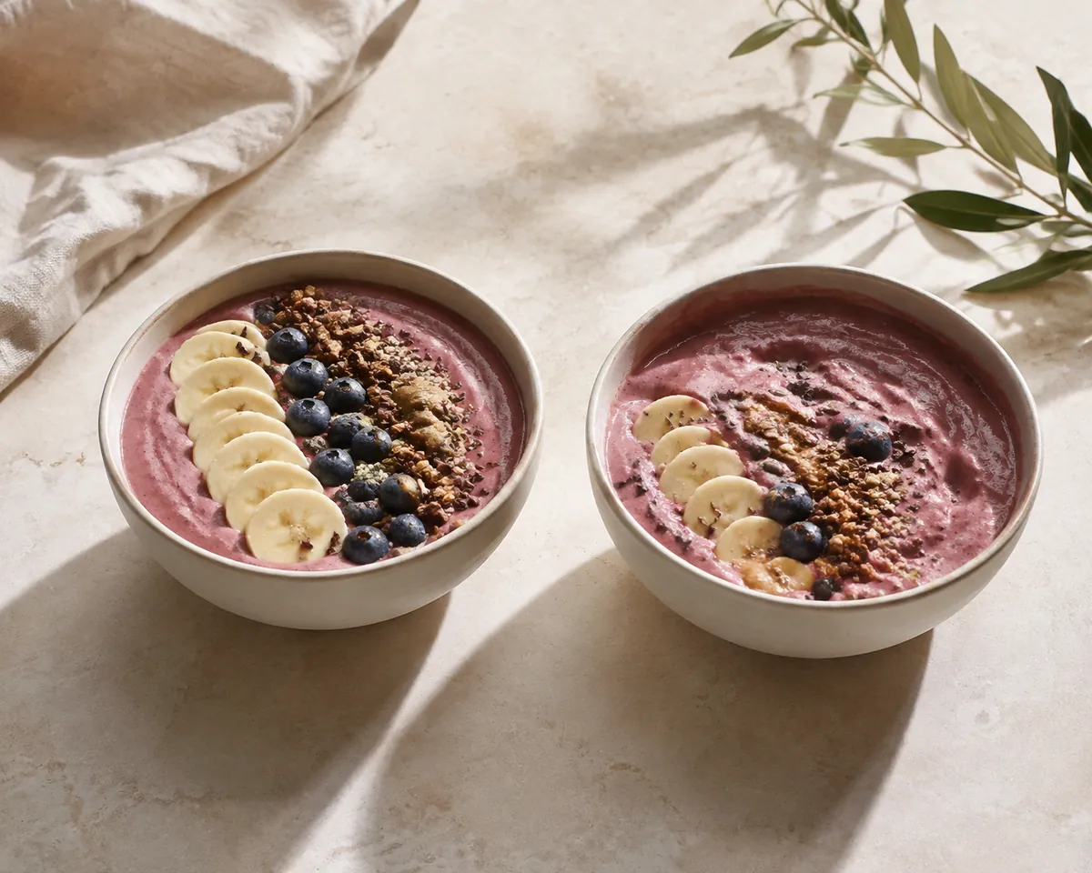 Two identical smoothie bowls side by side, the left firm and sharply topped and the right slumped with the toppings half sunk