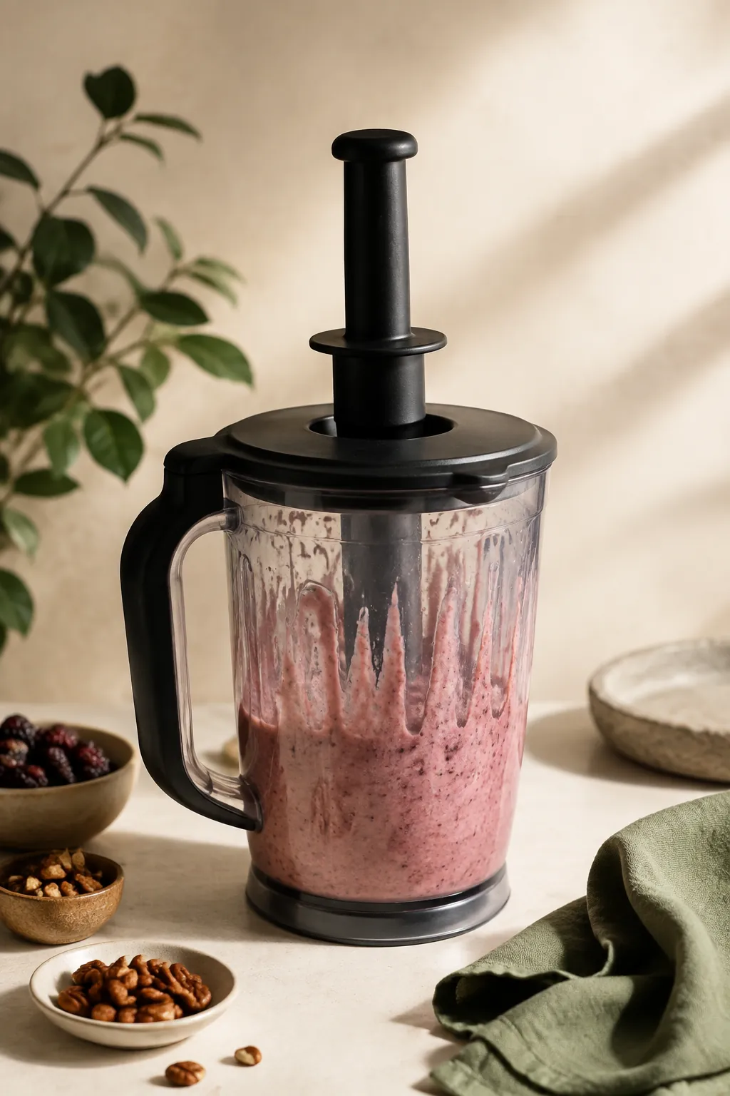 A tamper pushed down through a blender lid into thick pink mixture, the jar walls streaked where it has been scraped