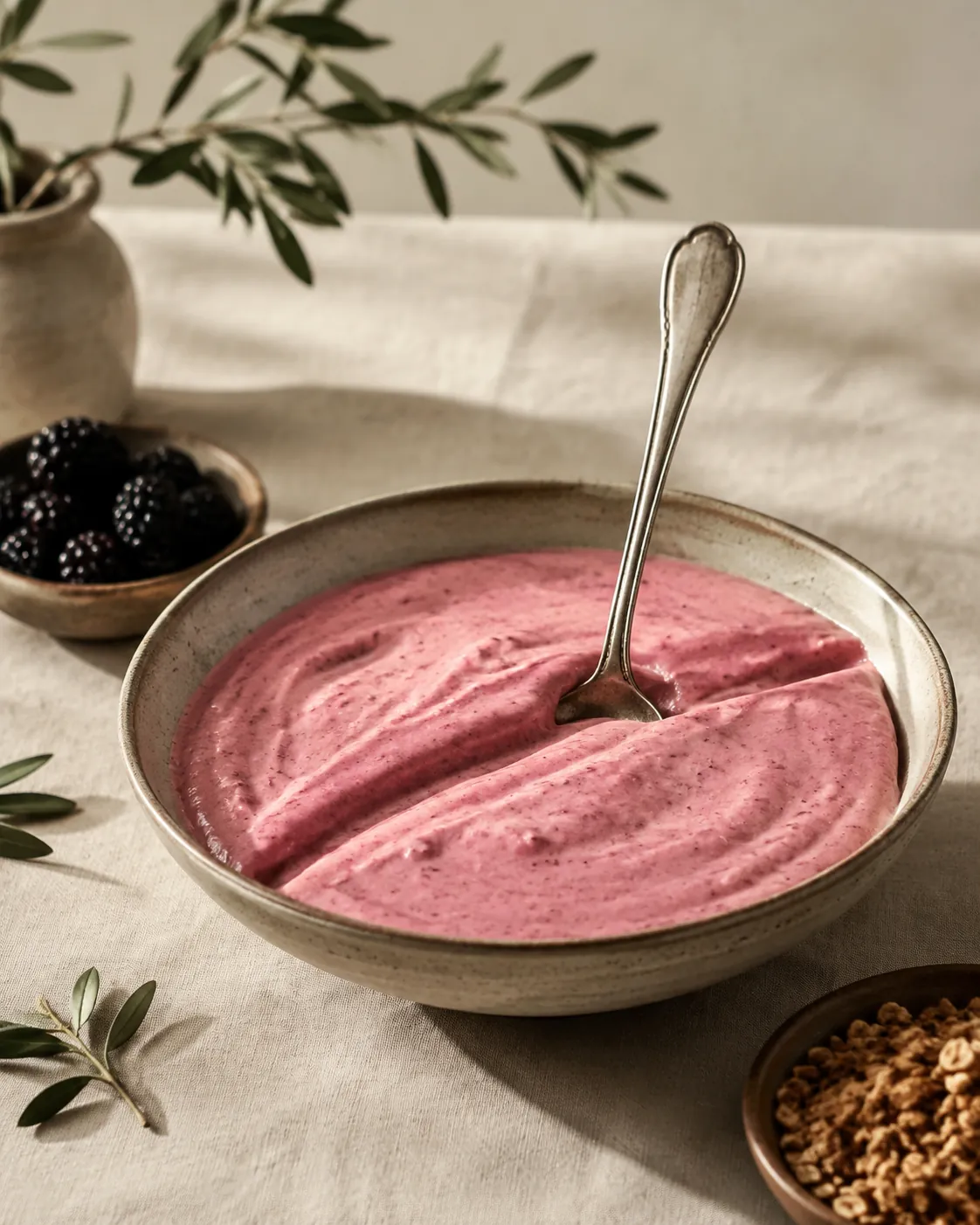 A spoon standing upright in a thick pink smoothie bowl, with a drawn line holding its edge across the surface
