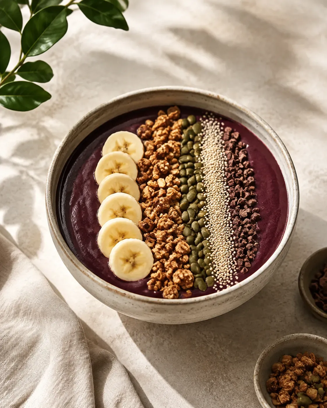 A thick purple smoothie bowl topped with sliced banana, granola and seeds arranged in bands across the surface