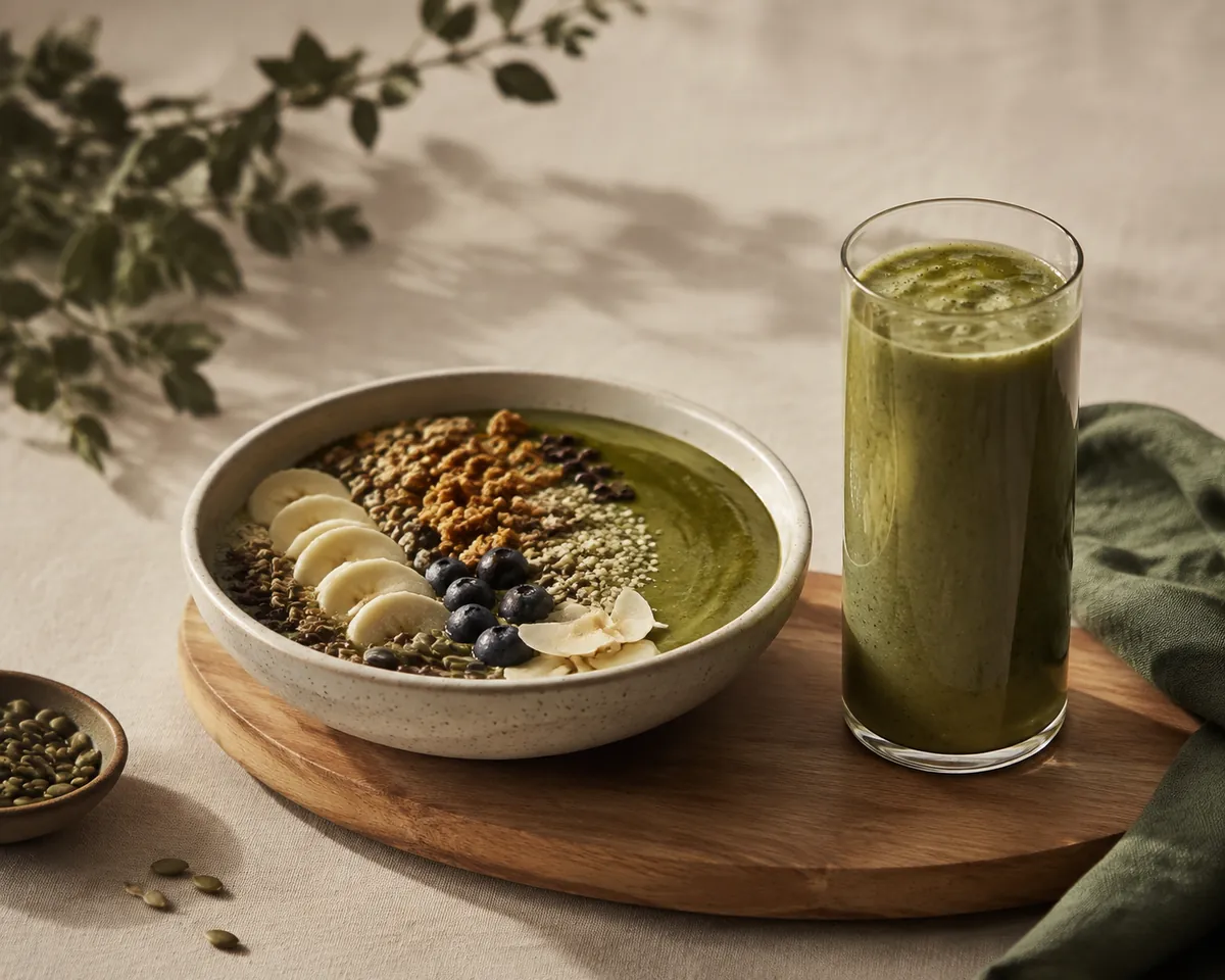 A wide shallow bowl of thick topped smoothie beside a tall glass of the same mixture poured thin