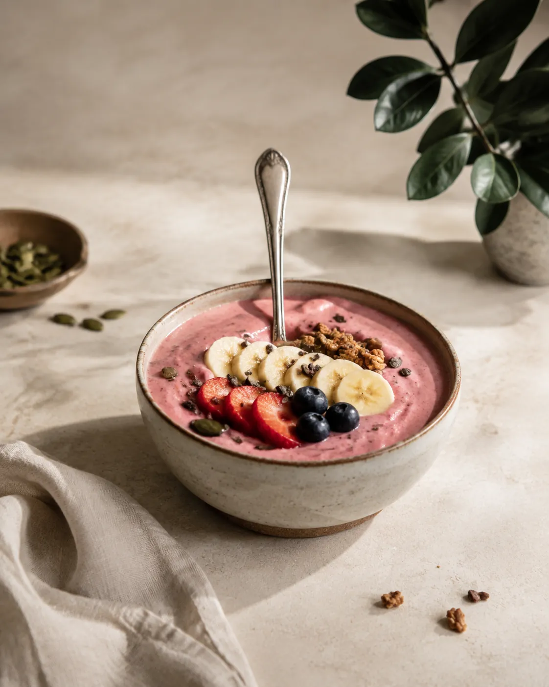 A spoon standing upright in a thick pink smoothie bowl with a drawn line holding its edge