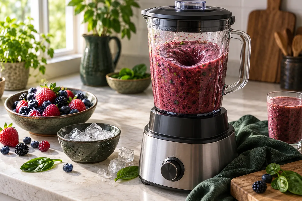 Cold berry smoothie circulating in a clear blender jar with chilled fruit and ice nearby