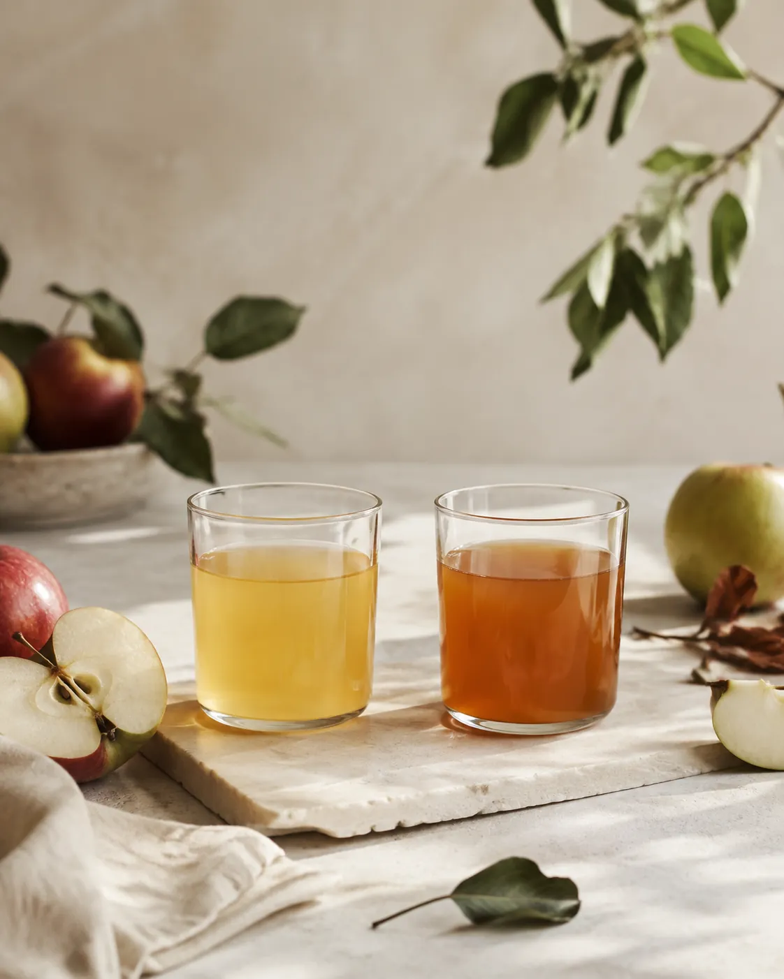 Two glasses of freshly pressed apple juice, the left pale gold and the right already gone amber-brown