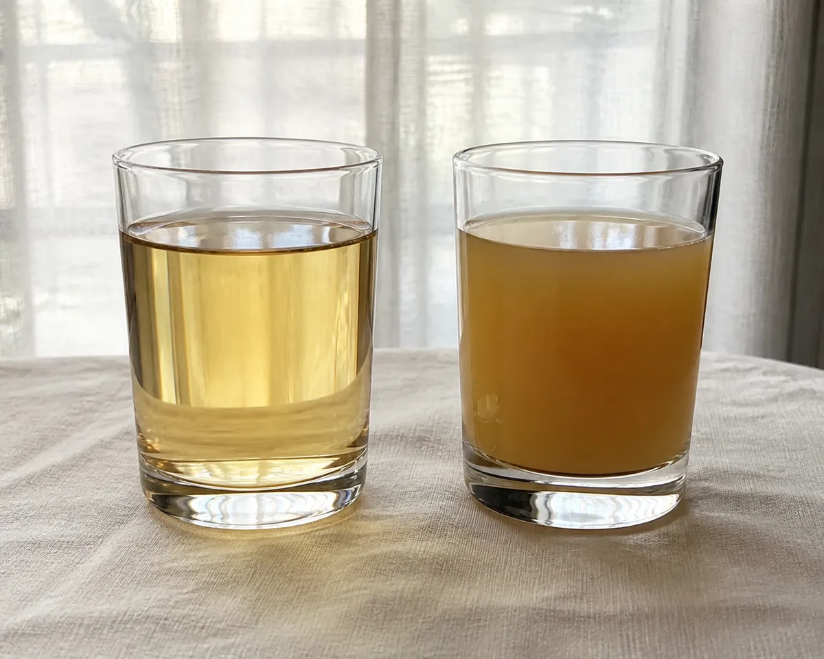 Two glasses of apple juice side by side backlit, the left transparent pale gold and the right opaque and cloudy