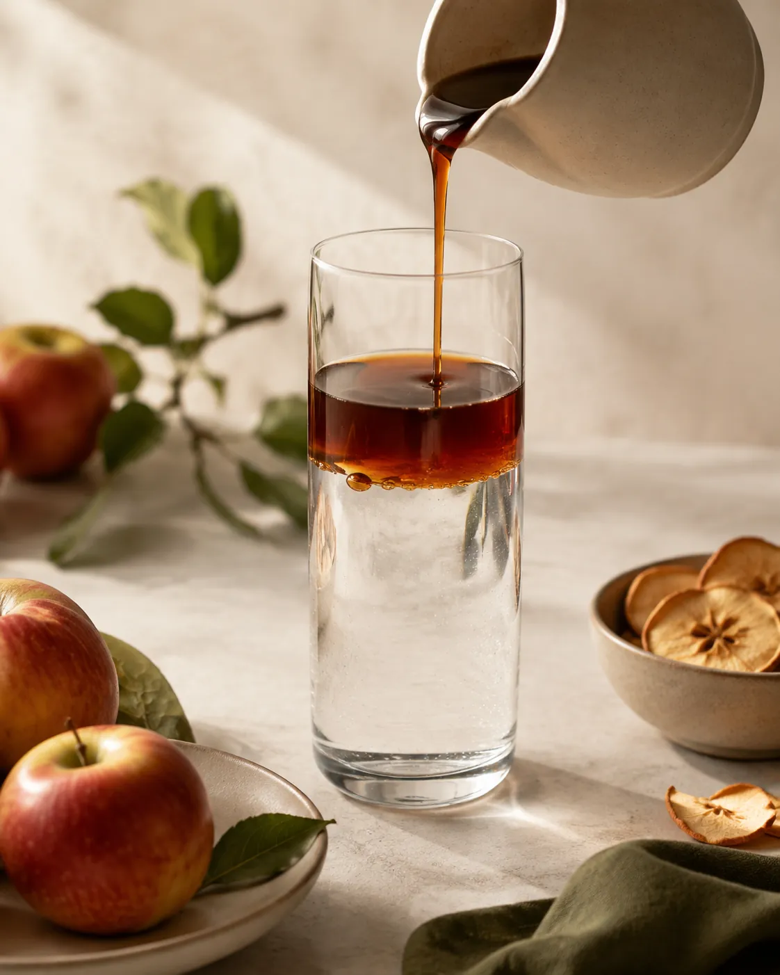 Thick dark amber apple concentrate pouring in a slow ribbon from a small jug into a tall glass of water, the two not yet mixed