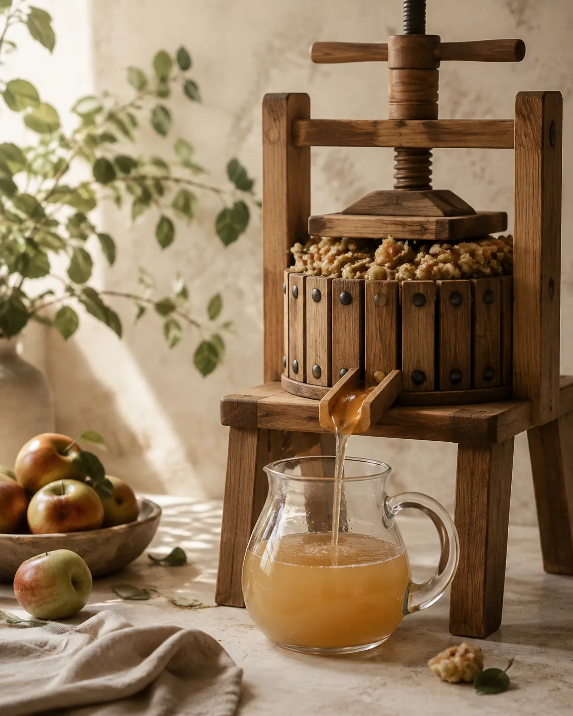 A small screw press with a bed of crushed apple inside and cloudy juice running into a jug