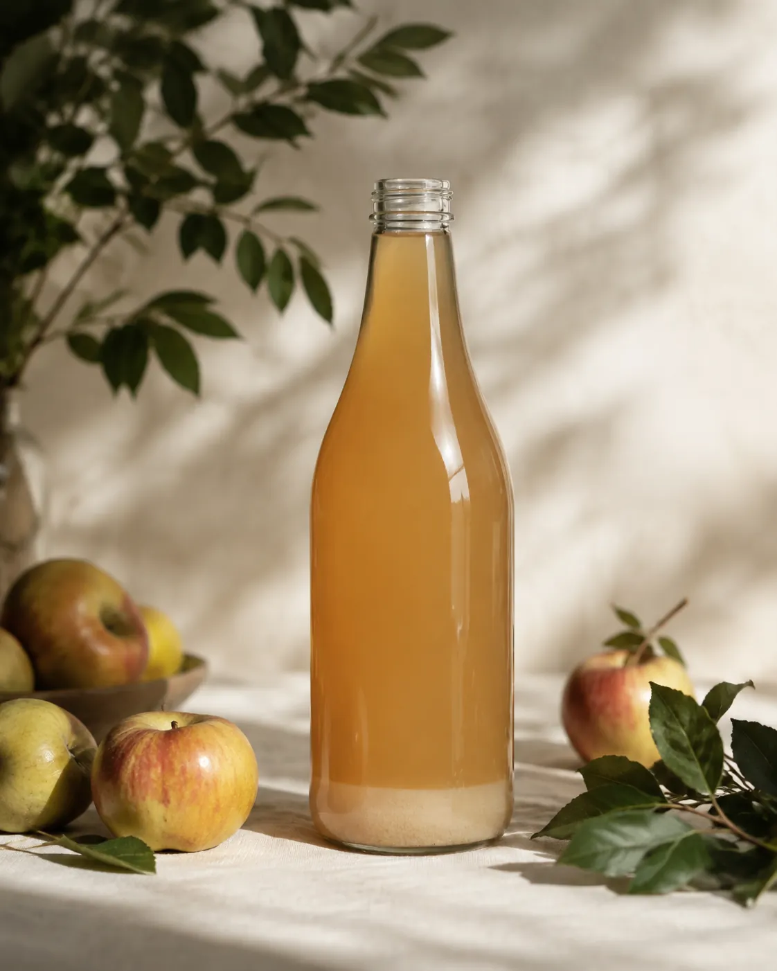 A tall bottle of cloudy apple juice standing undisturbed with a distinct settled layer of pale sediment across the bottom