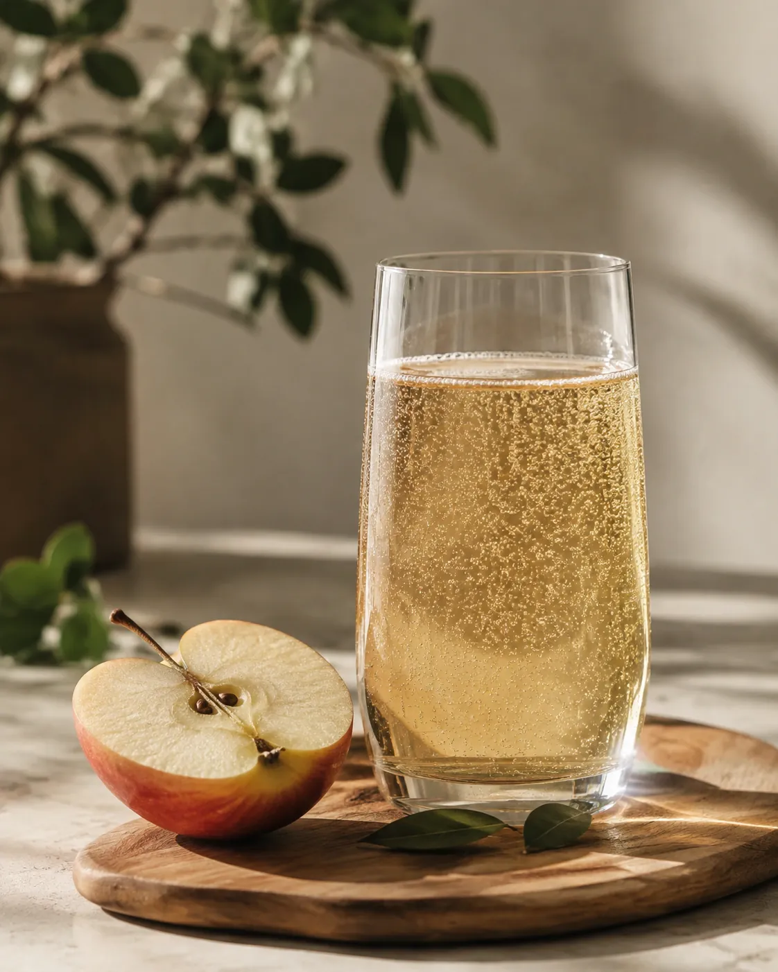 A tall glass of sparkling apple juice with fine bubbles rising and a slice of apple beside it