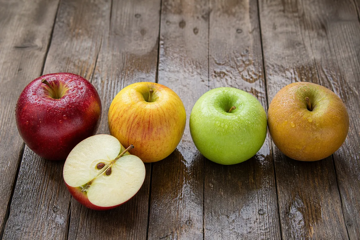 Four apple varieties in a row on weathered wood, clearly different in colour and shape from deep red through green to russet, one cut in half
