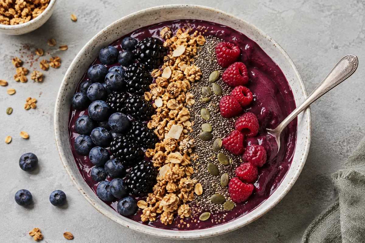 A wide bowl of very thick deep purple smoothie topped with whole berries, granola and seeds in bands, a spoon resting at the edge