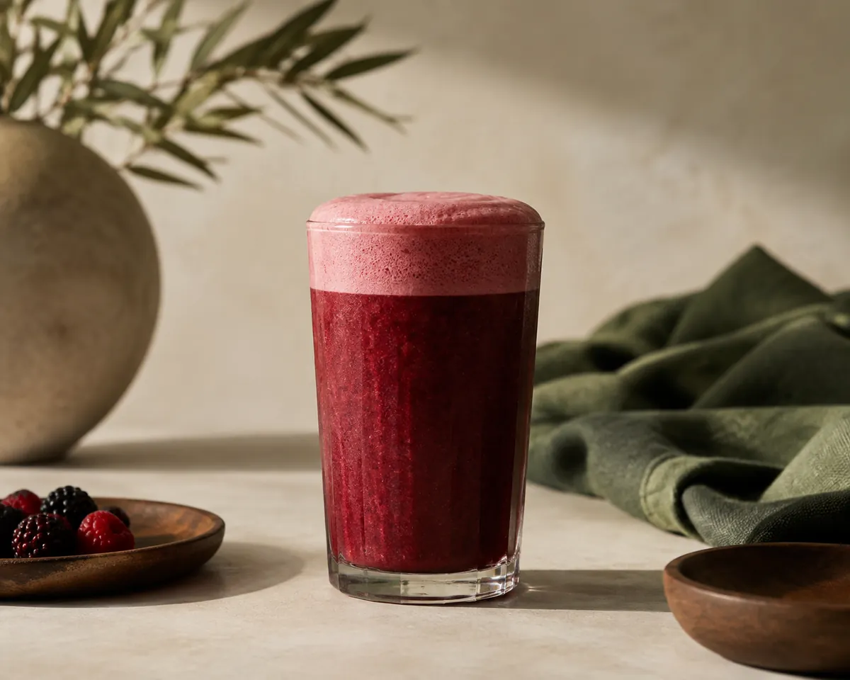 A glass of berry smoothie with a thick pale foam head that has risen above the rim