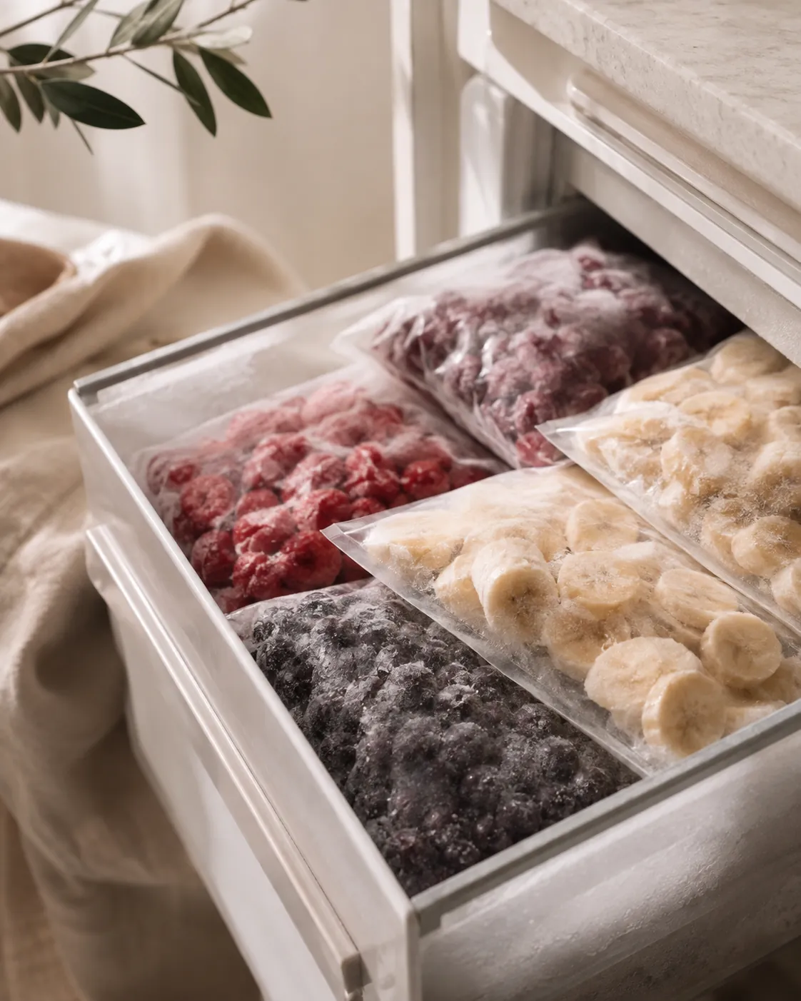 Several sealed bags of portioned frozen fruit stacked flat in a freezer drawer